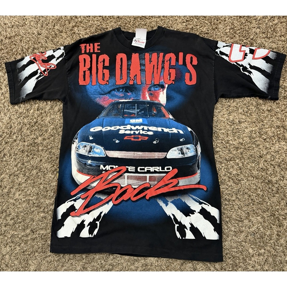 Vintage 90s Chase NASCAR Dale Earnhardt The Big Dawgs Back AOP Shirt Sz Large